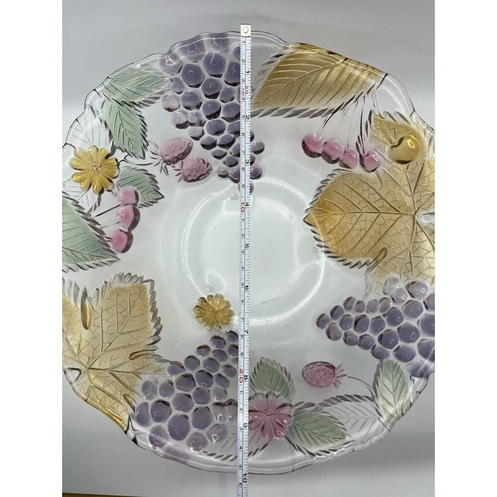 Vintage Mikasa Chablis Colorful Fruit Leaves Oval Blown‎ Glass Dessert Bowl